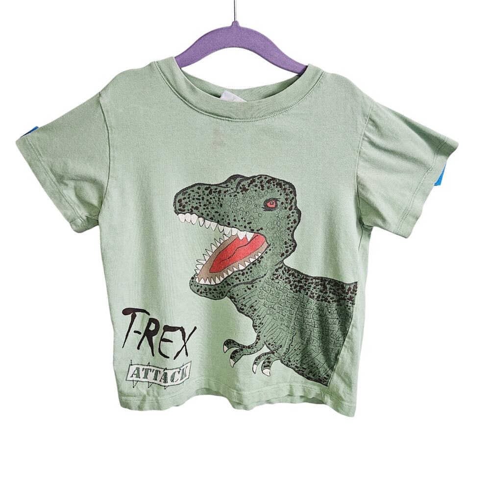 Big Fish Kids Size 4T T-Rex Attack Graphic Tee Shirt Sage Green Dinosaur Cotton